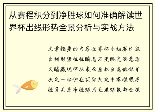 从赛程积分到净胜球如何准确解读世界杯出线形势全景分析与实战方法